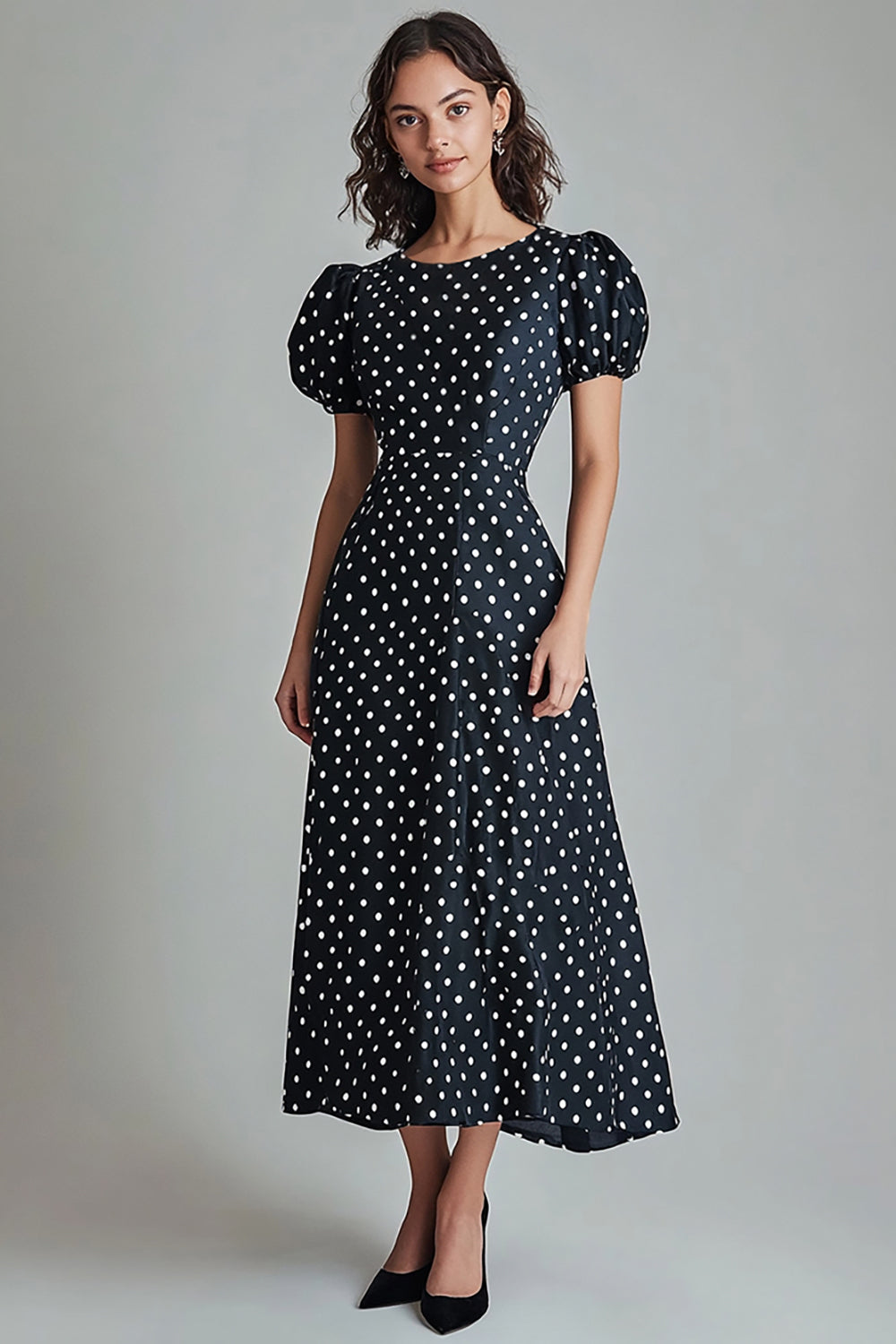 Boho Satin Black and White Puff Sleeves A Line Maxi Polka Dot Dress