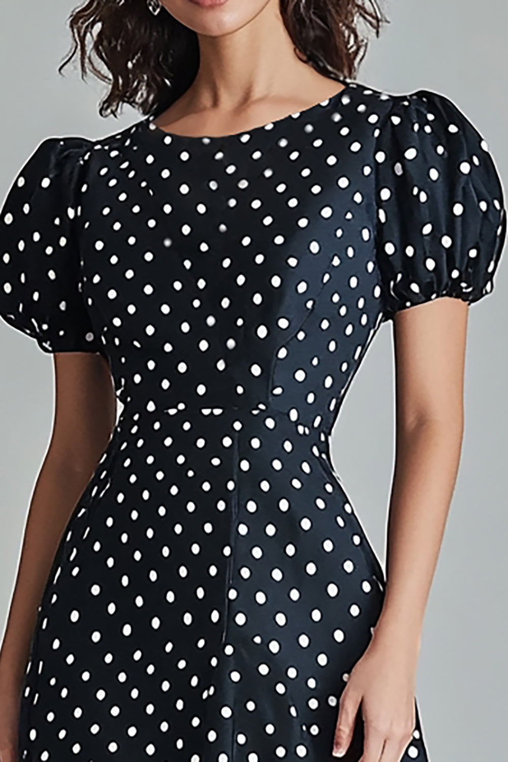 Boho Satin Black and White Puff Sleeves A Line Maxi Polka Dot Dress