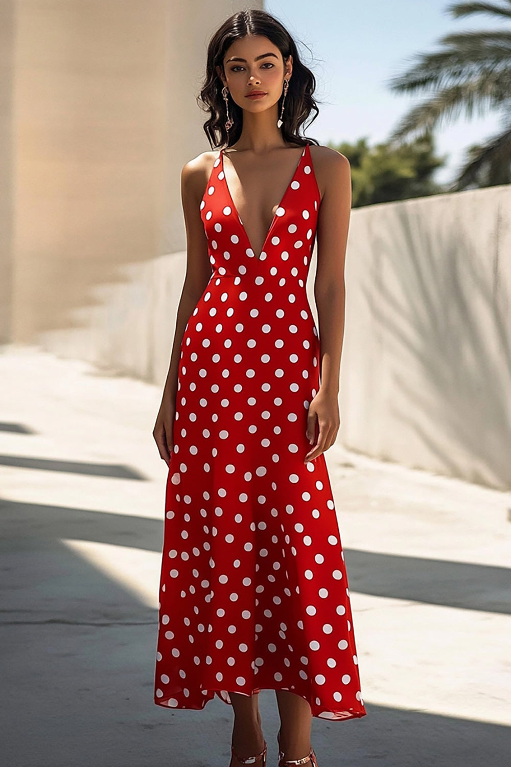 Red and White A Line Satin Deep V-Neck Boho Maxi Polka Dot Dress