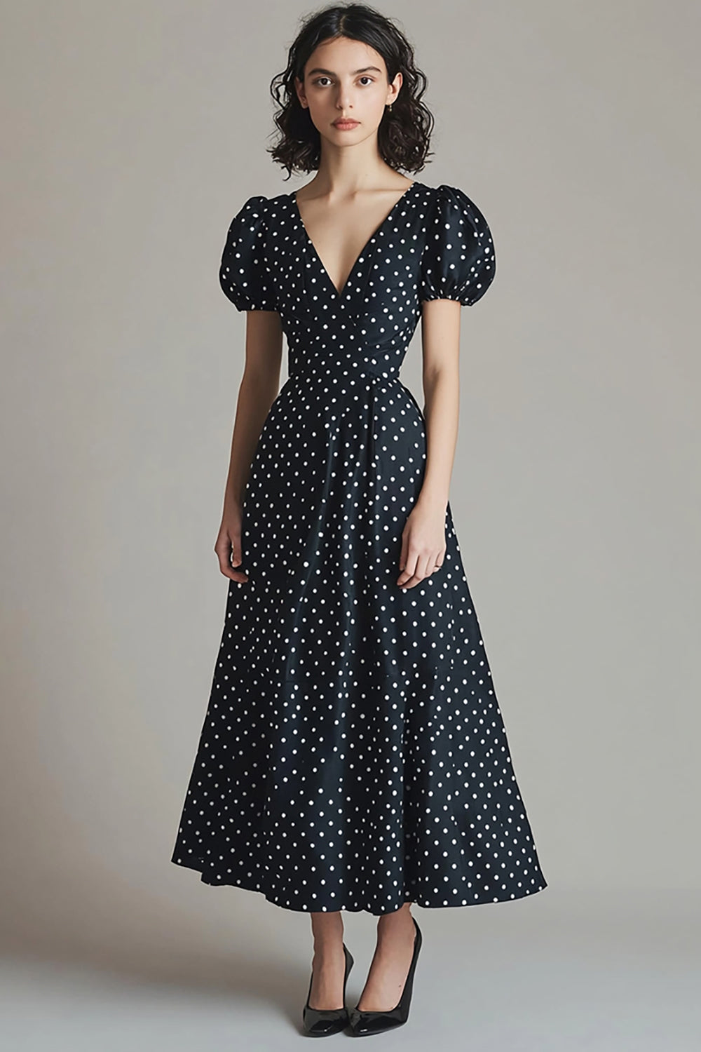 Puff Sleeves V-Neck Black and White Boho Satin Maxi Polka Dot Dress