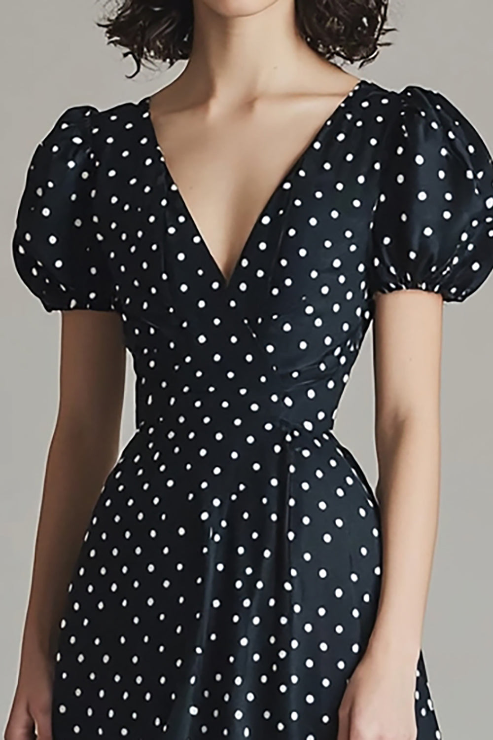 Puff Sleeves V-Neck Black and White Boho Satin Maxi Polka Dot Dress