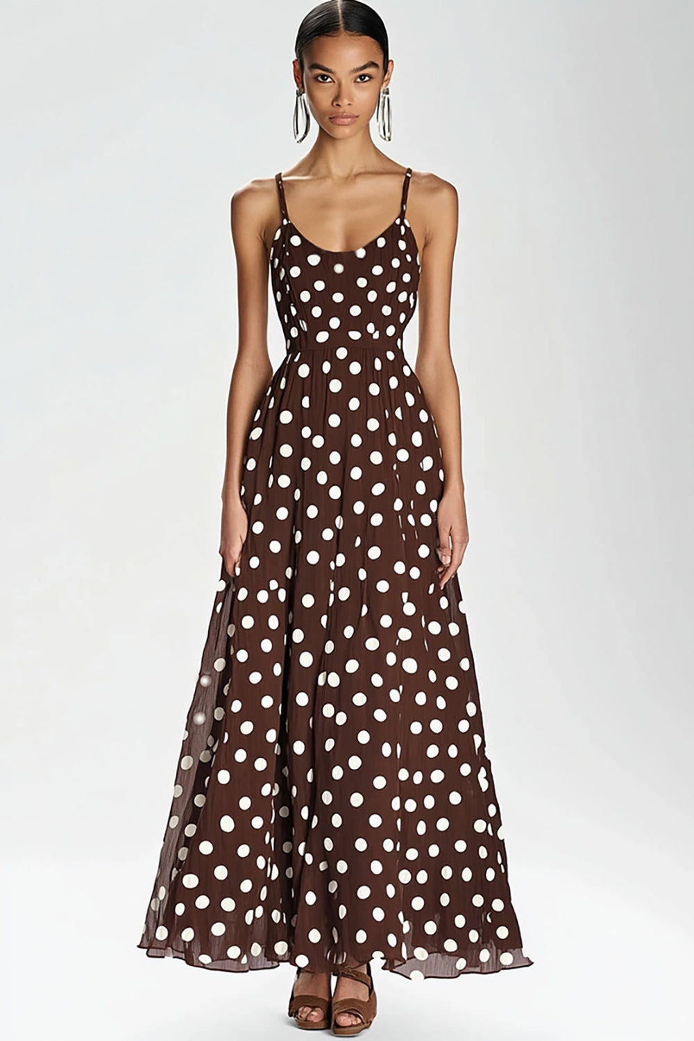Coffee and White Boho Spaghetti Straps A Line Maxi Chiffon Polka Dot Dress
