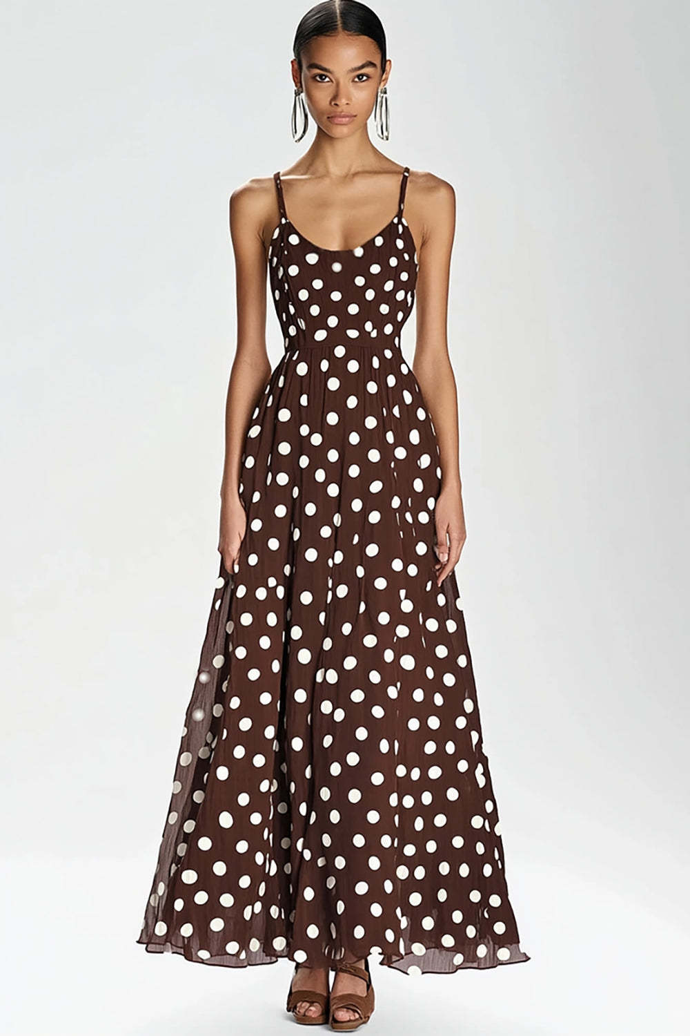 Leely Women Coffee and White Chiffon Maxi Polka Dot Dress Boho Spaghetti Straps A-Line Summer Dress