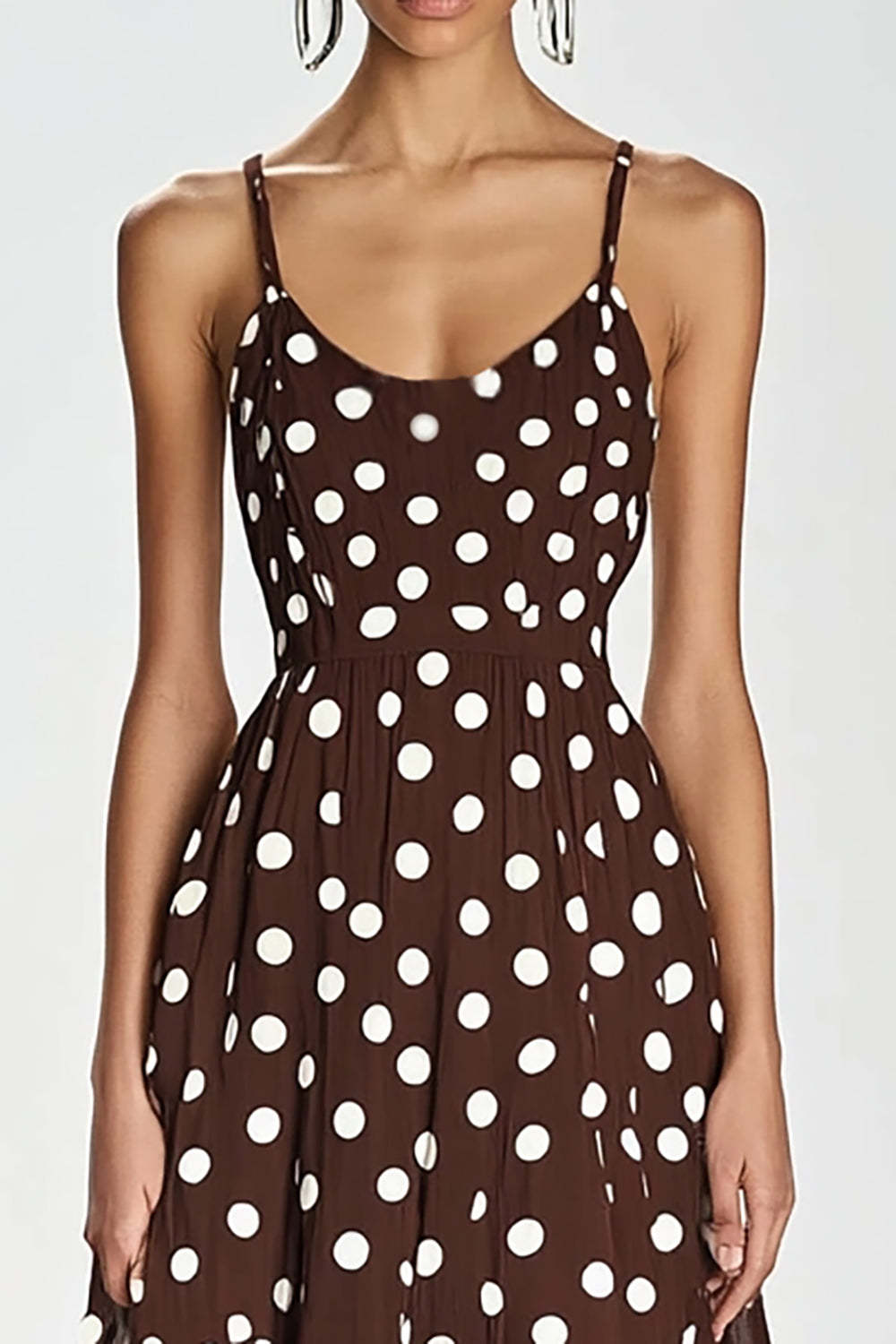 Coffee and White Boho Spaghetti Straps A Line Maxi Chiffon Polka Dot Dress