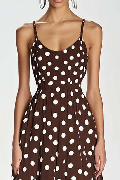 Coffee and White Boho Spaghetti Straps A Line Maxi Chiffon Polka Dot Dress