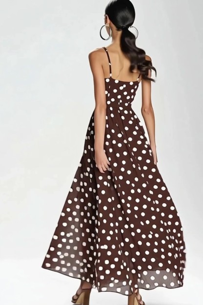 Coffee and White Boho Spaghetti Straps A Line Maxi Chiffon Polka Dot Dress