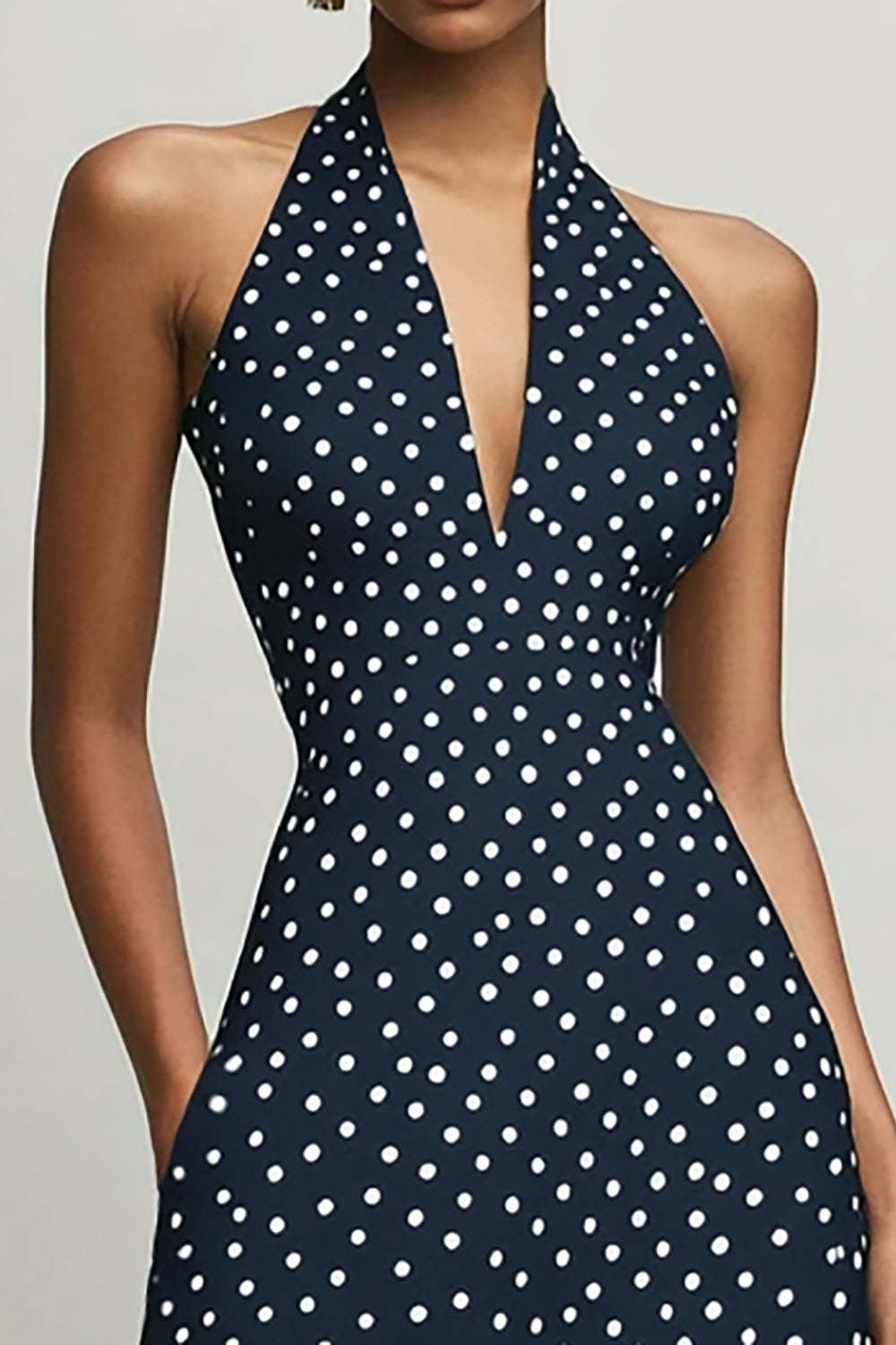 Navy and White Halter Chiffon A Line Boho Maxi Polka Dot Dress with Slit