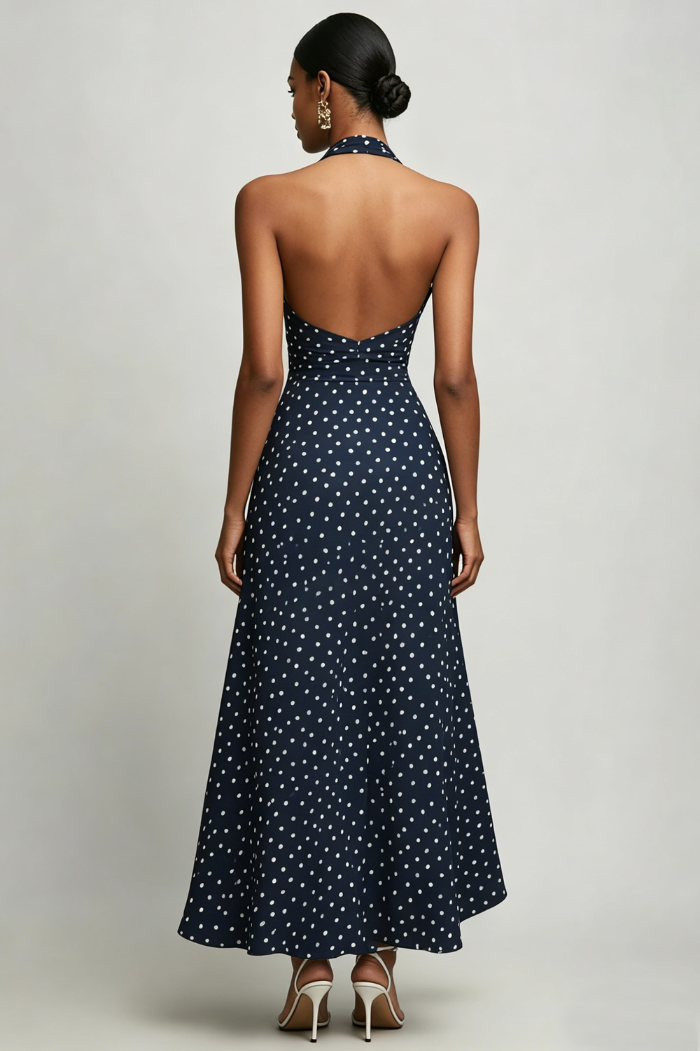 Navy and White Halter Chiffon A Line Boho Maxi Polka Dot Dress with Slit