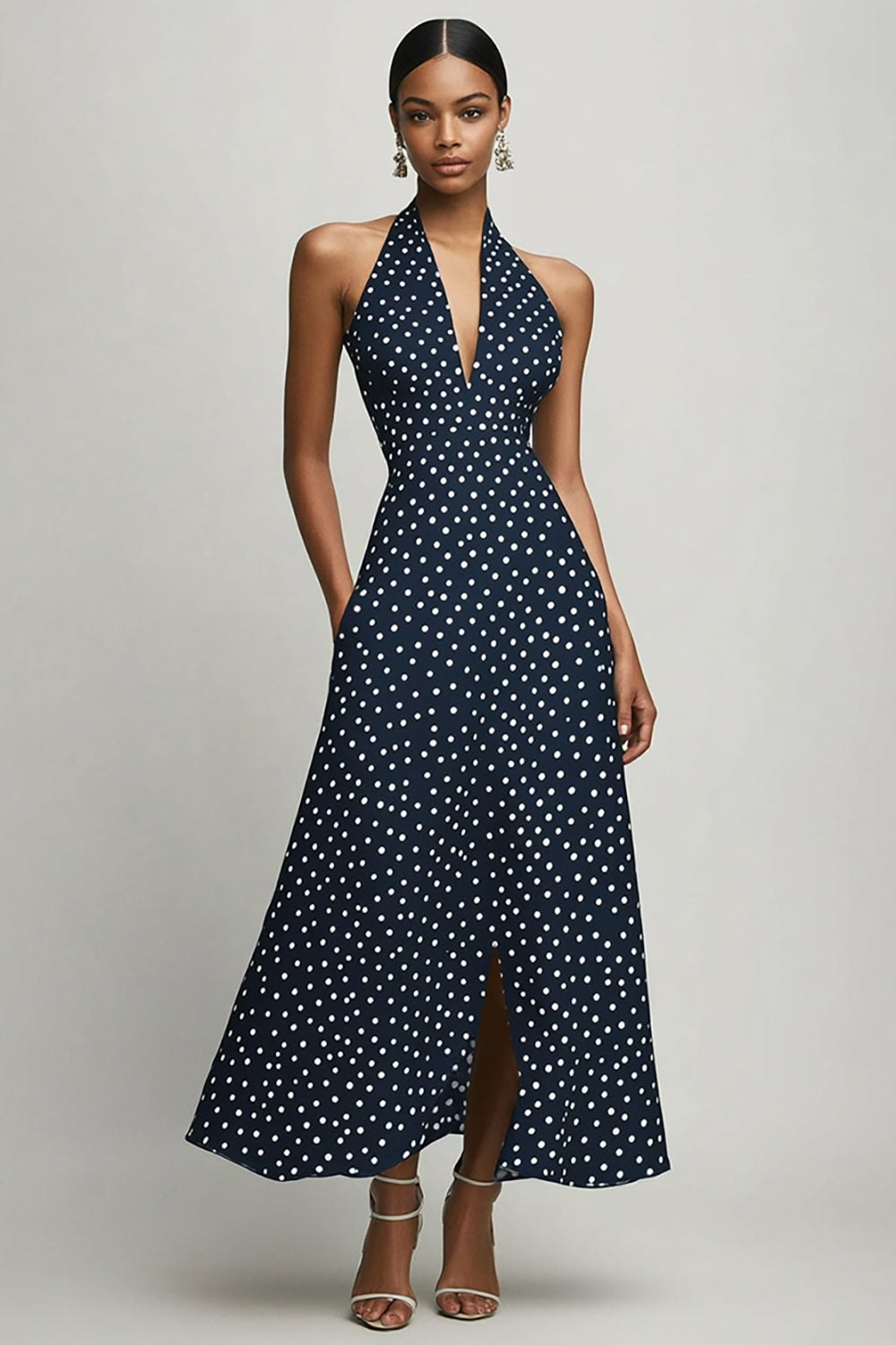 Navy and White Halter Chiffon A Line Boho Maxi Polka Dot Dress with Slit