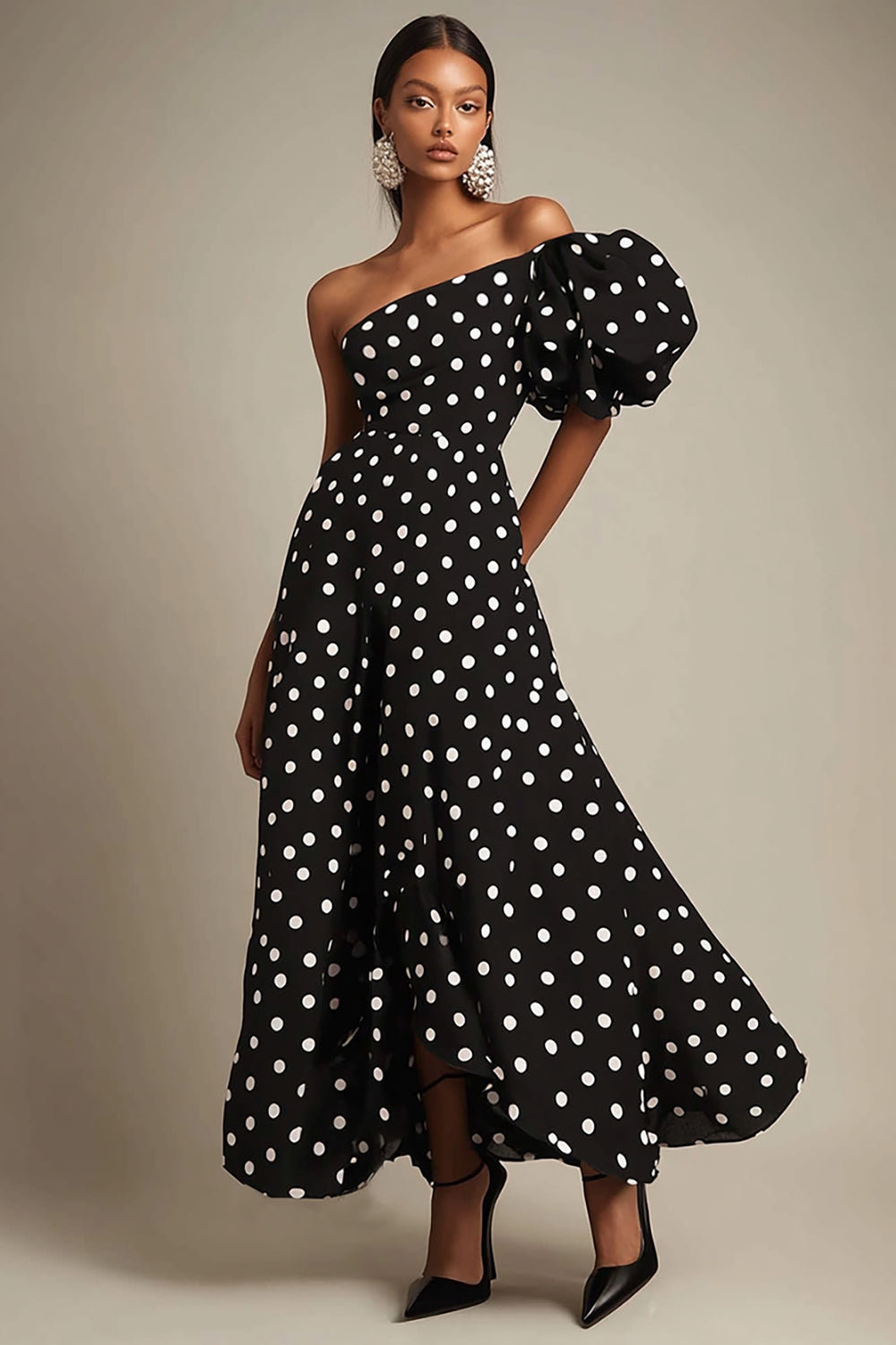 One Shoulder Black and White Puff Sleeves Satin Boho Maxi Polka Dot Dress