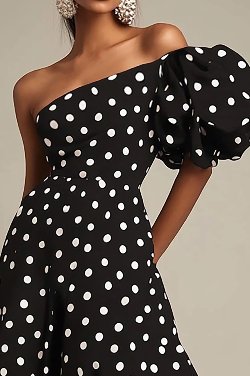One Shoulder Black and White Puff Sleeves Satin Boho Maxi Polka Dot Dress