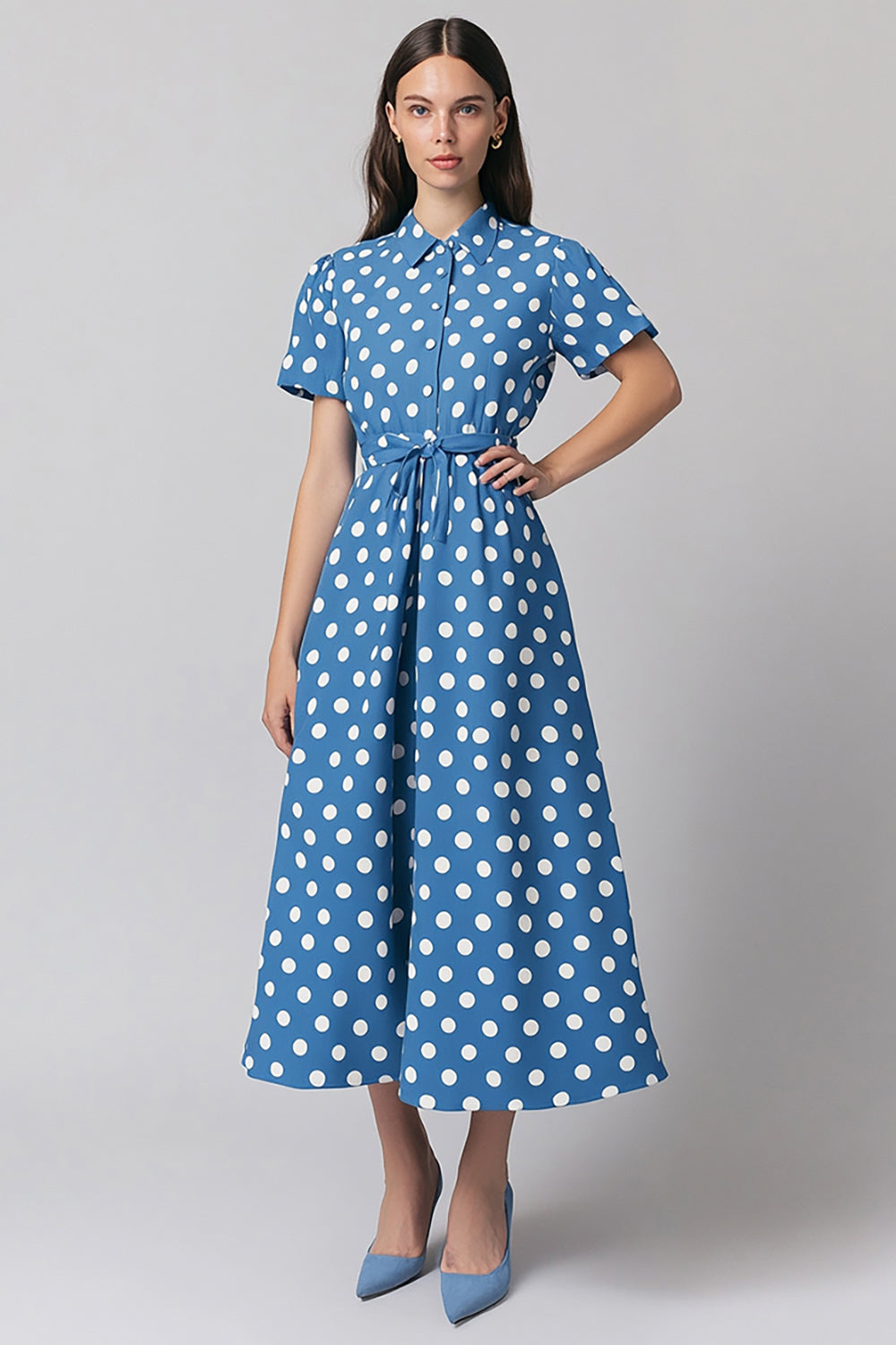Satin Blue and White Short Sleeves A Line Maxi Polka Dot Dress with Sash