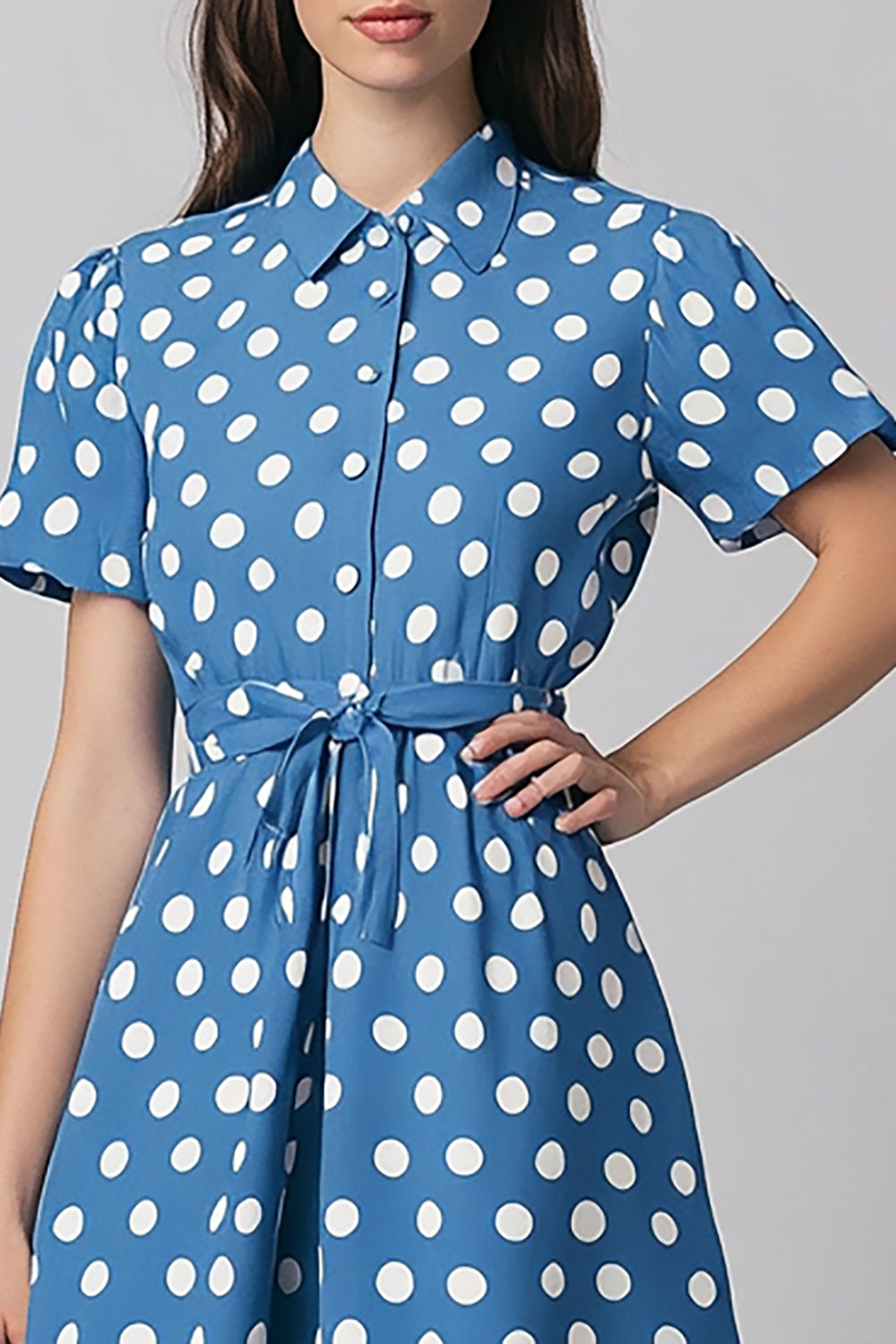 Satin Blue and White Short Sleeves A Line Maxi Polka Dot Dress with Sash