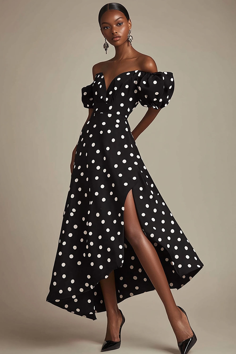 Boho Black and White Puff Sleeves Satin Maxi Polka Dot Dress with Slit