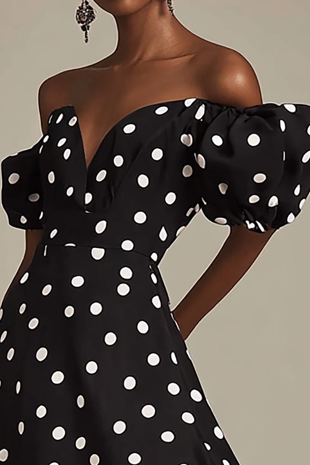 Boho Black and White Puff Sleeves Satin Maxi Polka Dot Dress with Slit