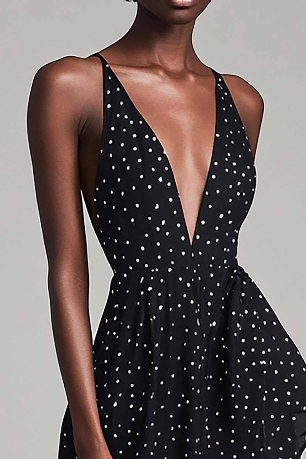 A Line Boho Black and White Maxi Chiffon Polka Dot Dress with Slit