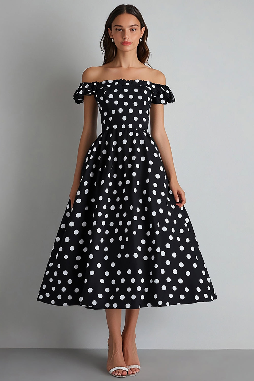 Off the Shoulder Black and White A Line Maxi Satin Polka Dot Dress