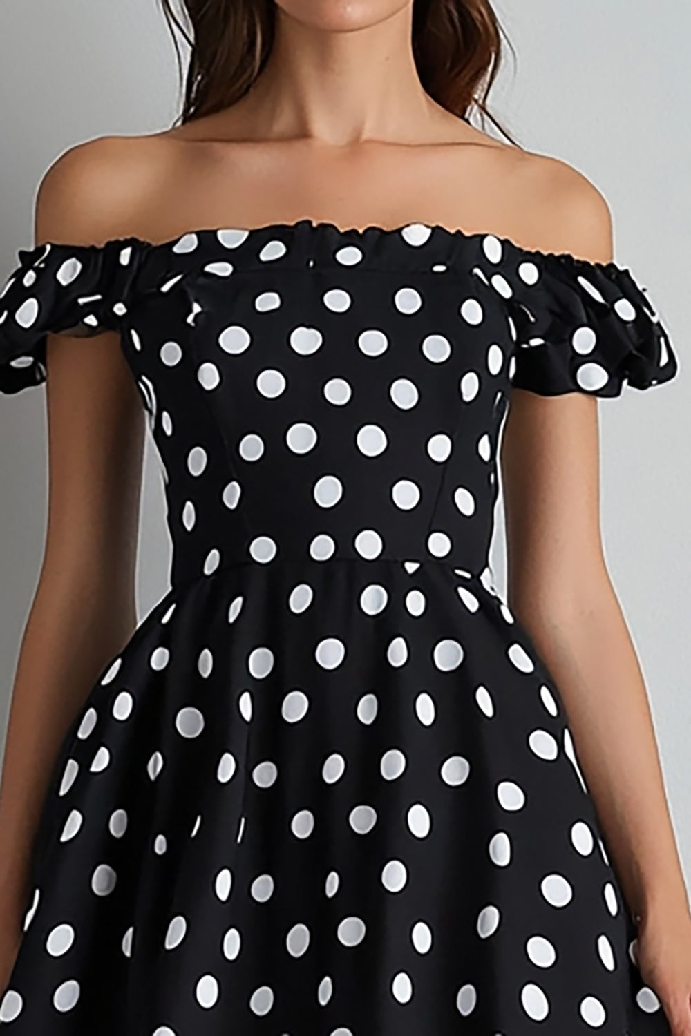 Off the Shoulder Black and White A Line Maxi Satin Polka Dot Dress