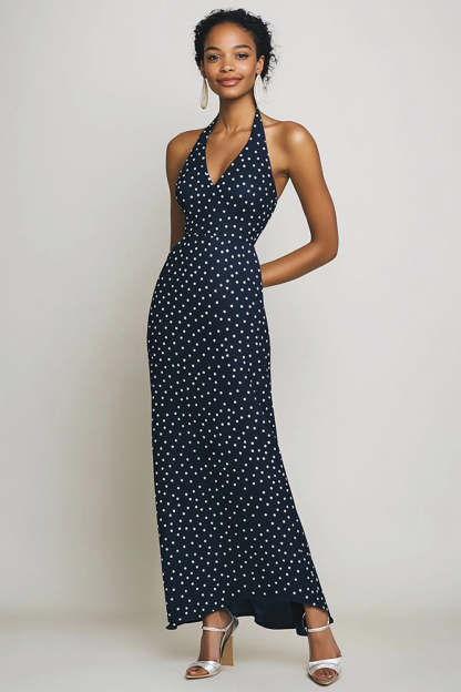 Leely Women Navy and White Chiffon Maxi Polka Dot Dress Halter A Line Boho Summer Dress