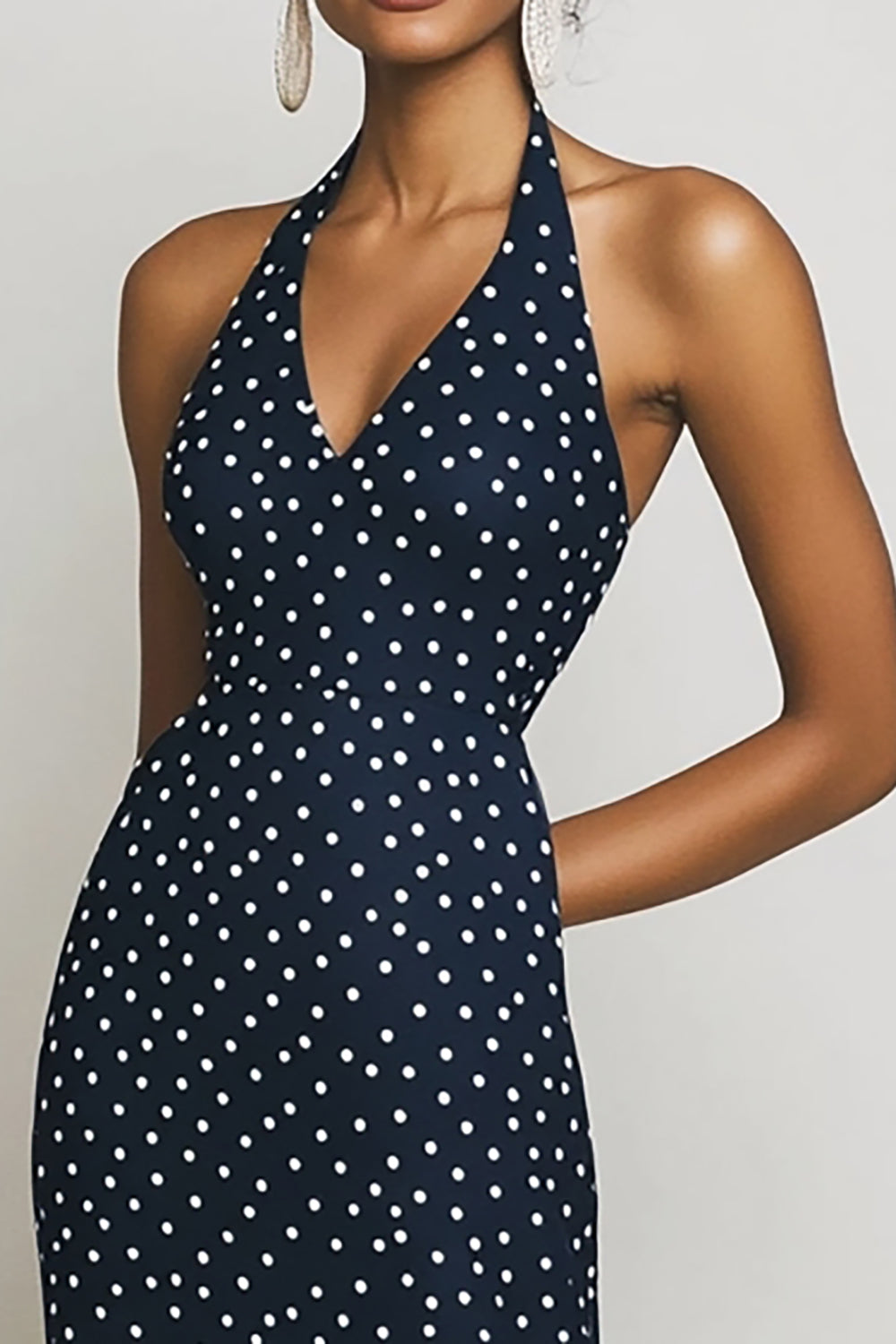 Halter Navy and White Boho Sheath Maxi Chiffon Polka Dot Dress