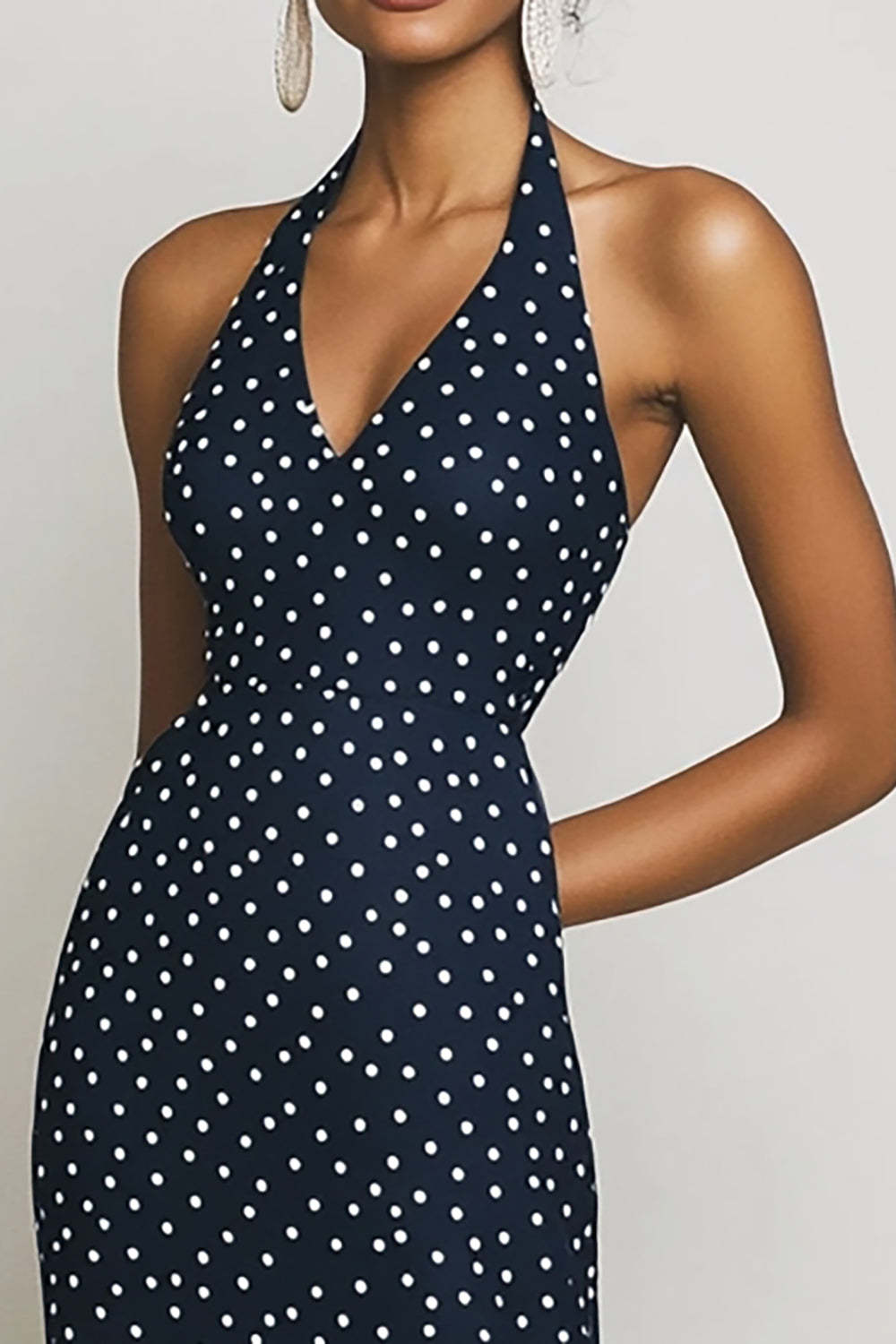 Halter Navy and White Boho Sheath Maxi Chiffon Polka Dot Dress