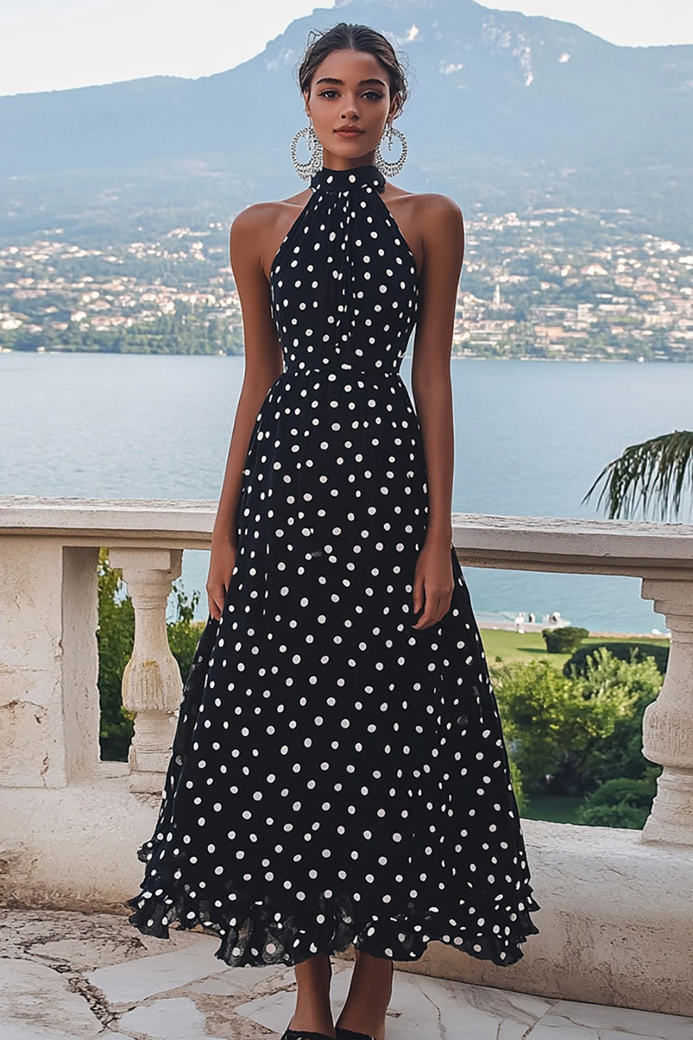 Chiffon High Neck Black and White A Line Boho Maxi Polka Dot Dress