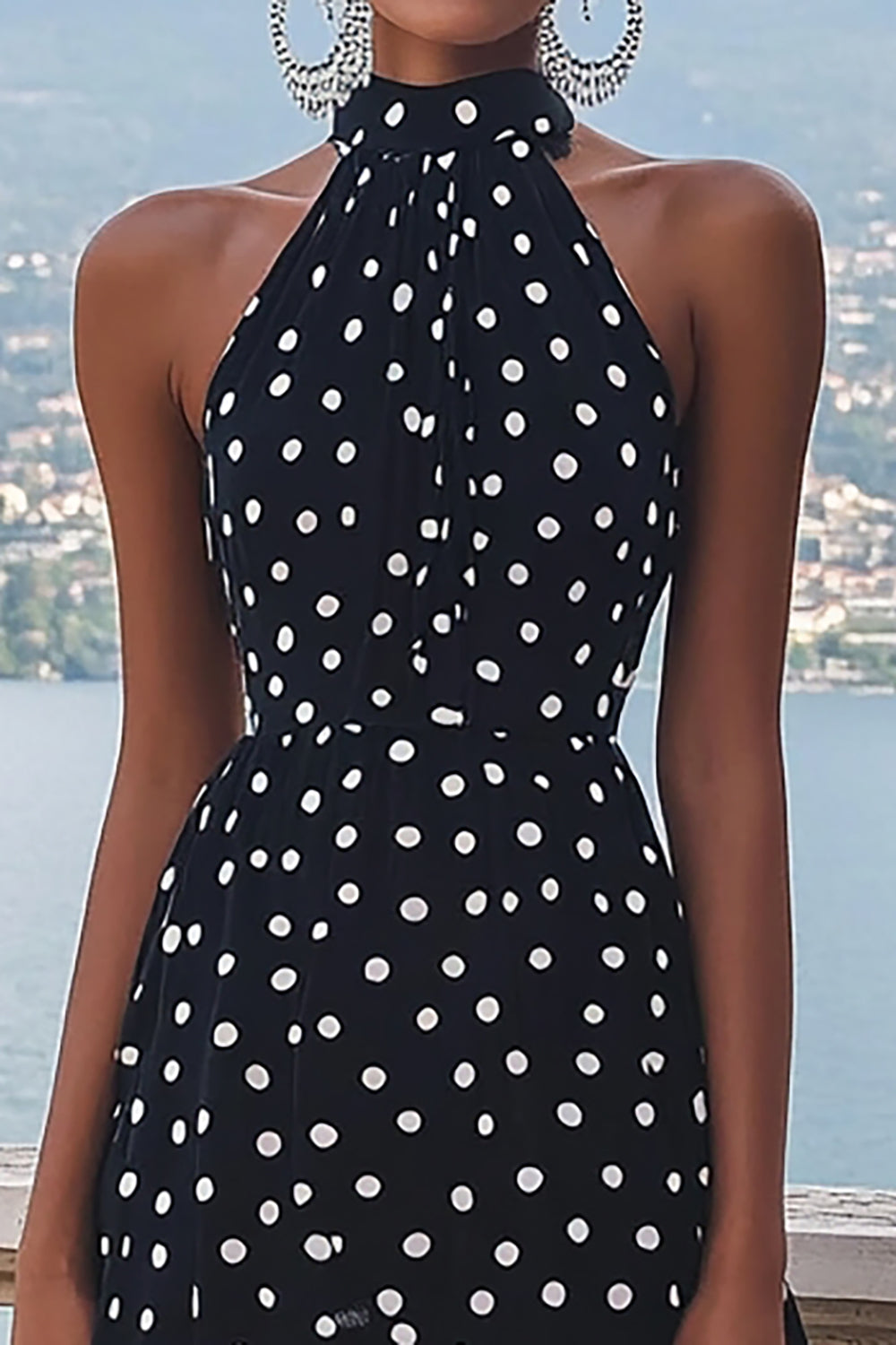 Chiffon High Neck Black and White A Line Boho Maxi Polka Dot Dress