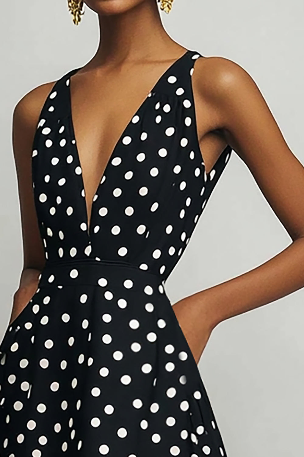 Satin Black and White Boho A Line Midi Polka Dot Dress