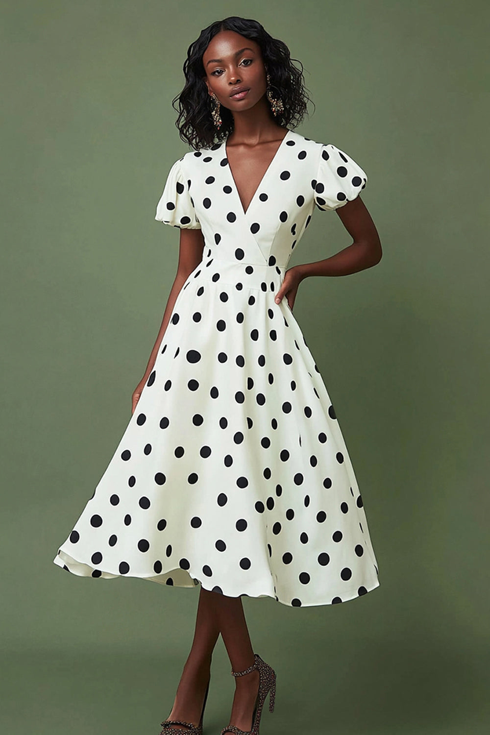 Satin Boho V-Neck Black and White Puff Sleeves Maxi Polka Dot Dress