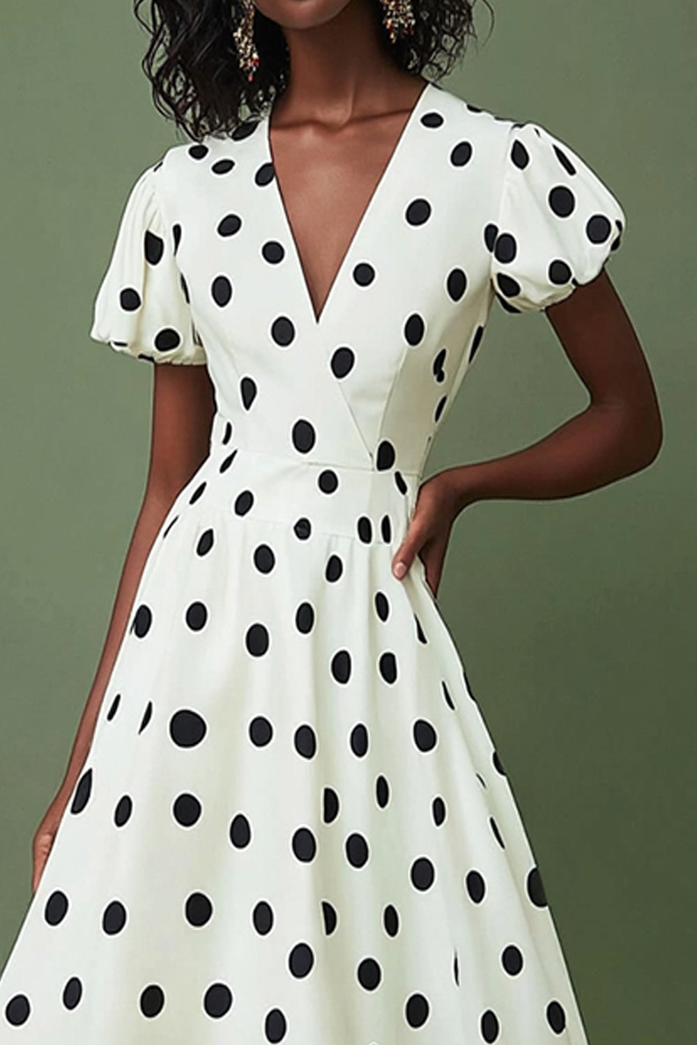 Satin Boho V-Neck Black and White Puff Sleeves Maxi Polka Dot Dress