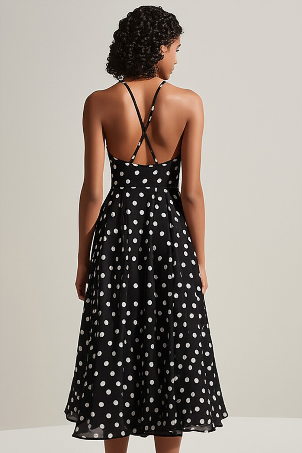 A Line Chiffon Black and White Boho Spaghetti Straps Midi Polka Dot Dress