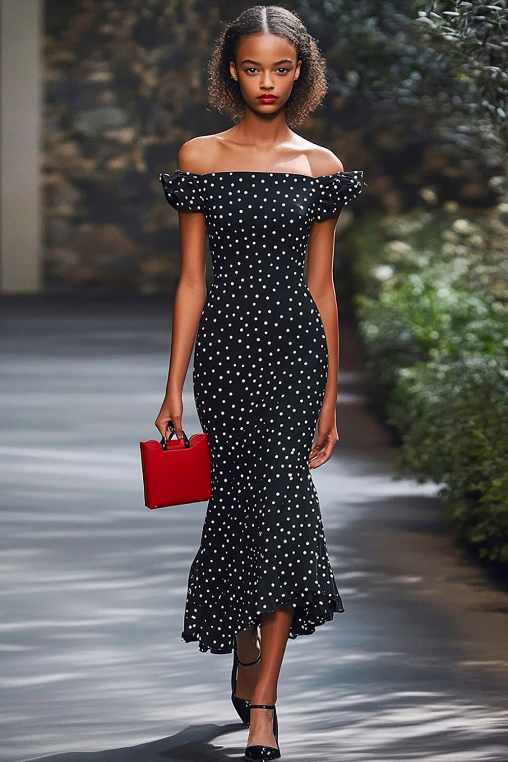 Mermaid Satin Black and White Off the Shoulder Boho Maxi Polka Dot Dress