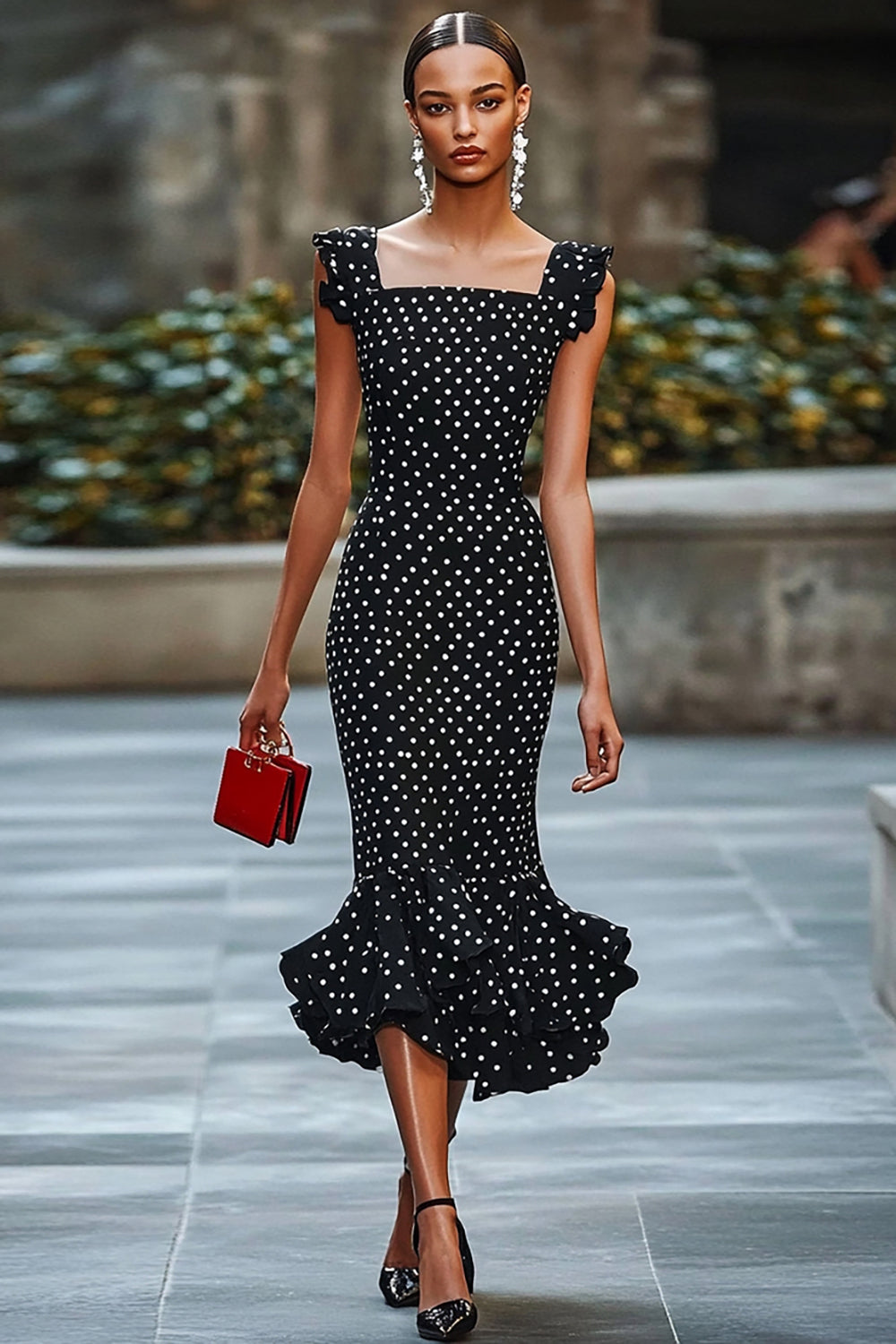 Chiffon Boho Mermaid Black and White Maxi Polka Dot Dress with Ruffles