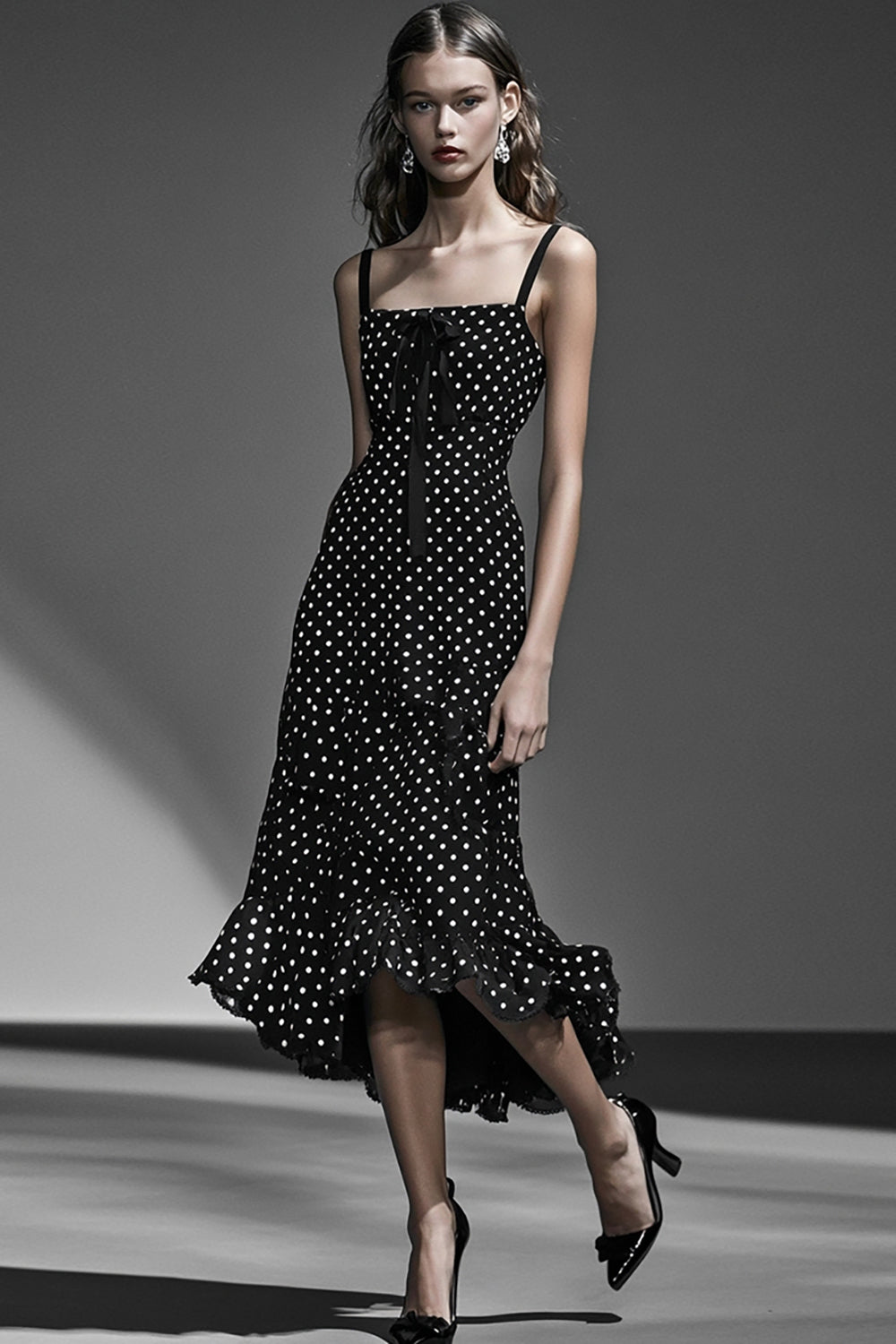 Chiffon Boho A Line Black and White Maxi Polka Dot Dress with Ruffles
