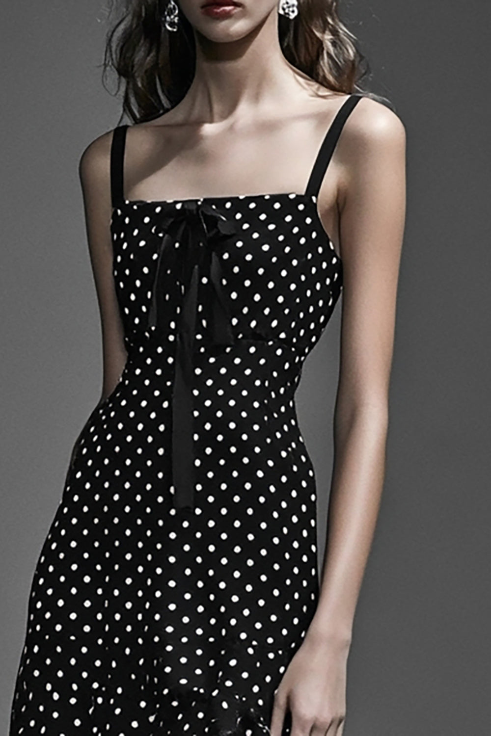 Chiffon Boho A Line Black and White Maxi Polka Dot Dress with Ruffles