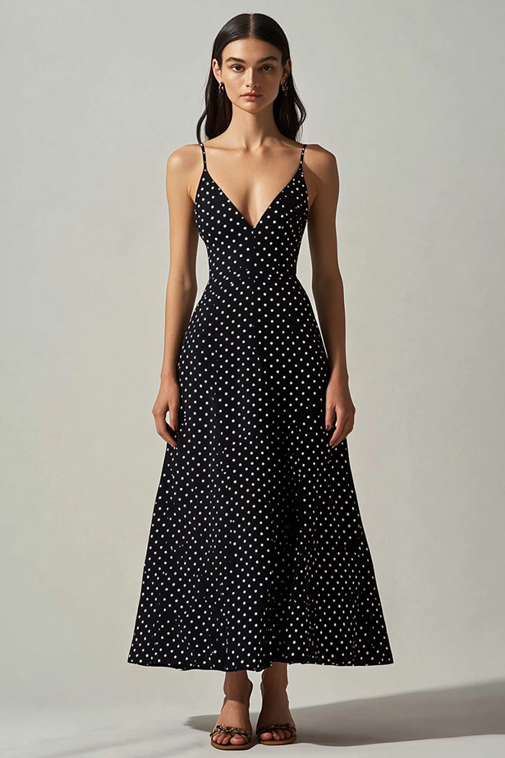 Boho Black and White Spaghetti Straps Maxi Chiffon A Line Polka Dot Dress