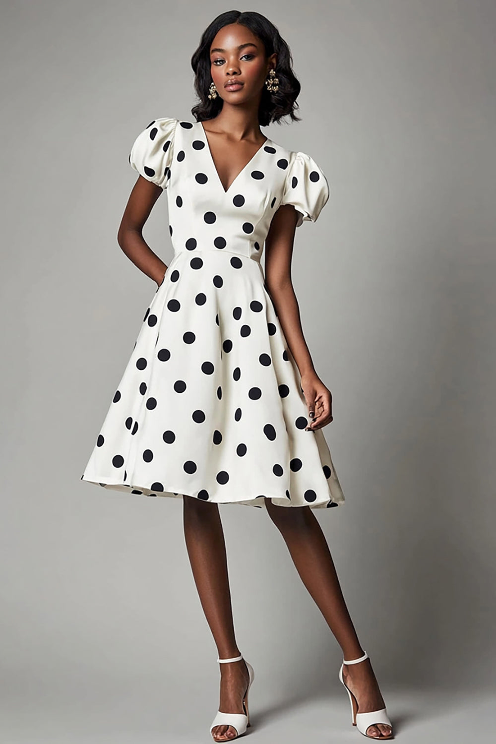 Boho V-Neck Puff Sleeves Black and White Short Satin Polka Dot Dress