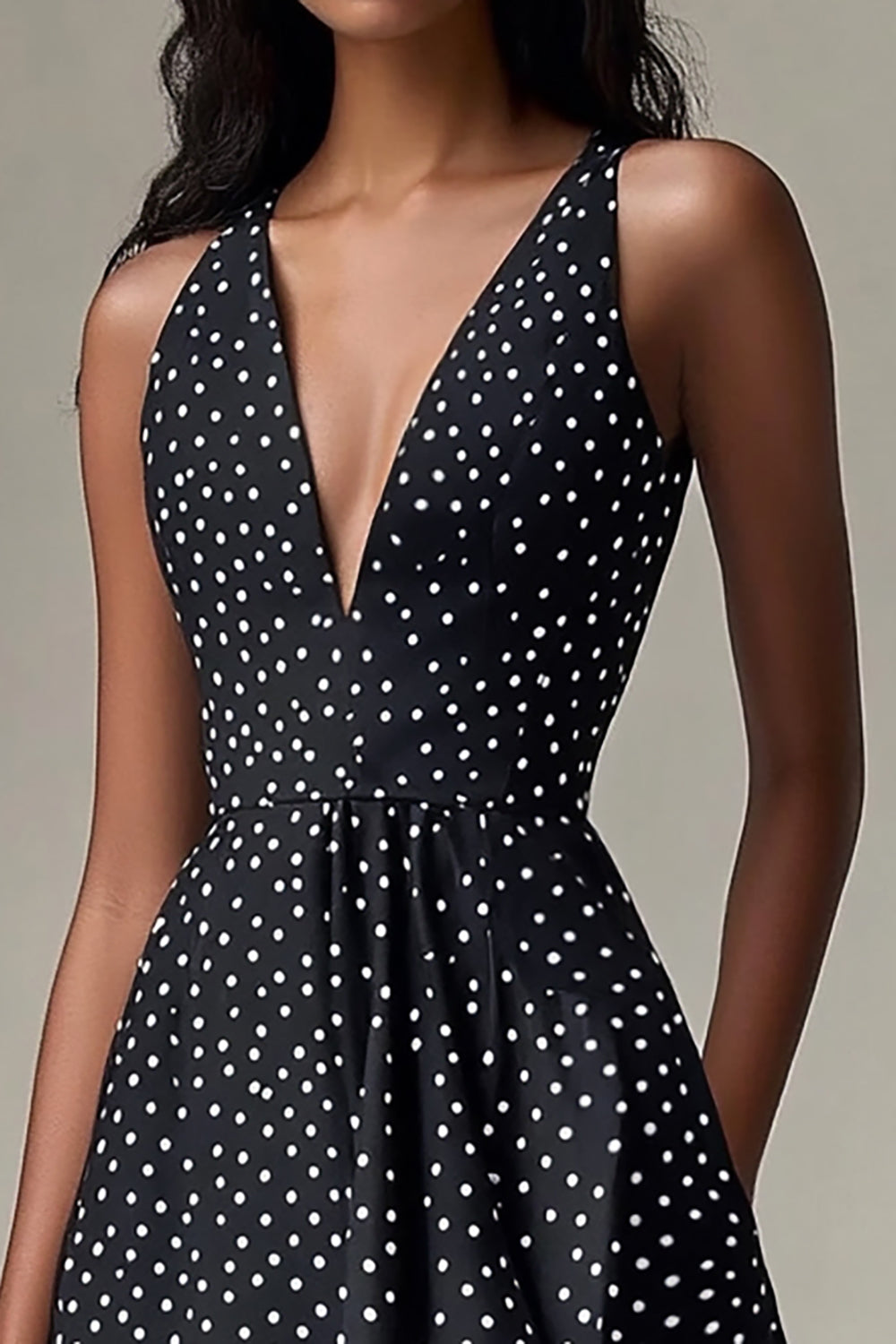 Deep V-Neck A Line Chiffon Black and White Short Polka Dot Dress