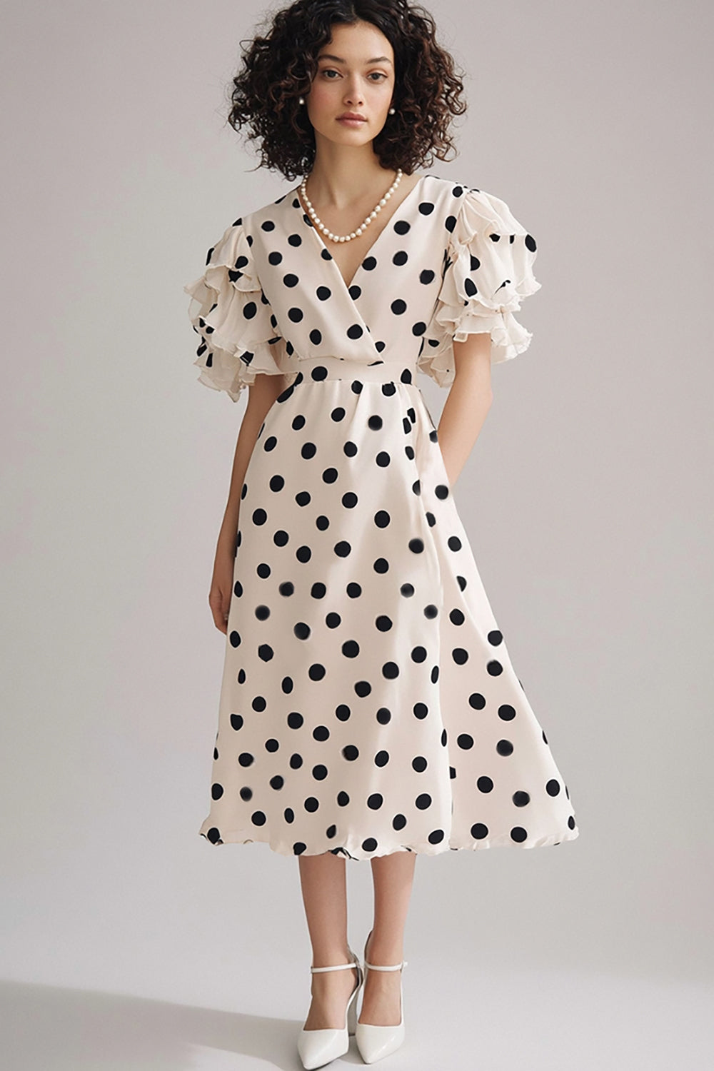 Leely Women Black and White Chiffon Maxi Polka Dot Dress with Ruffles V-Neck Short Sleeves Boho A Line Summer Dress