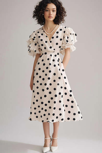 Leely Women Black and White Chiffon Maxi Polka Dot Dress with Ruffles V-Neck Short Sleeves Boho A Line Summer Dress