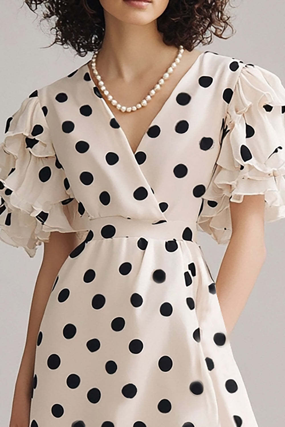 Black and White V-Neck Chiffon A Line Maxi Boho Polka Dot Dress with Ruffles