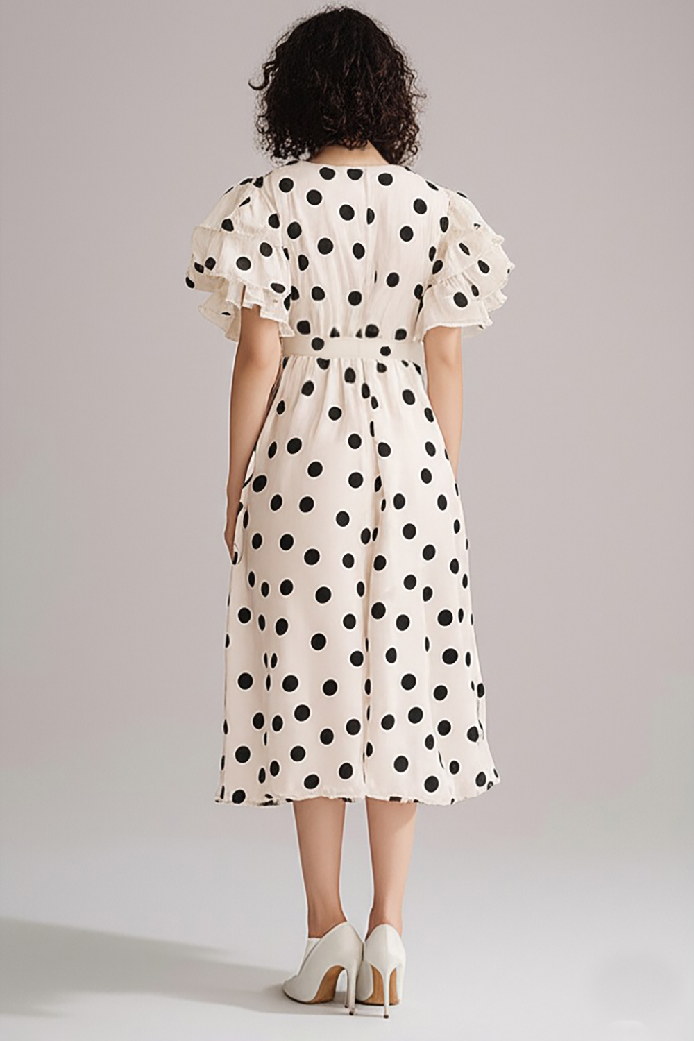 Black and White V-Neck Chiffon A Line Maxi Boho Polka Dot Dress with Ruffles