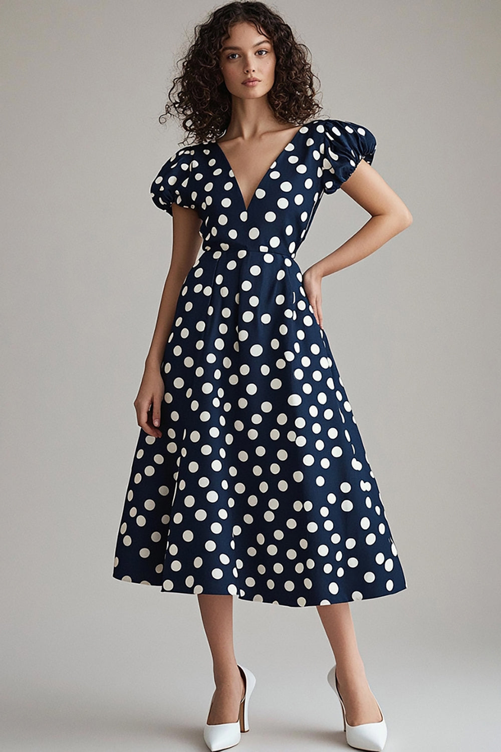Satin Navy and White A Line V-Neck Maxi Polka Dot Dress with Sleeves