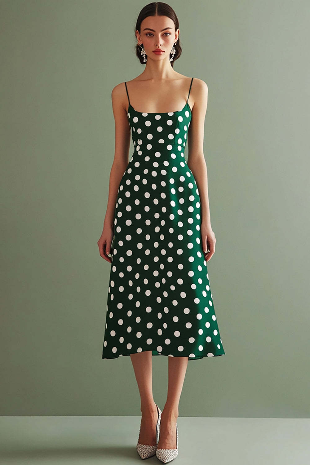Leely Women Green and White Chiffon Midi Boho Polka Dot Dress A-Line Spaghetti Straps Summer Dress