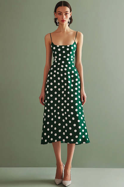 Leely Women Green and White Chiffon Midi Boho Polka Dot Dress A-Line Spaghetti Straps Summer Dress