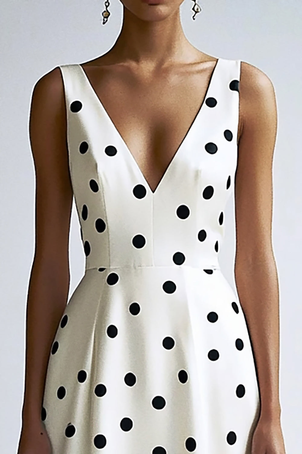 Satin Black and White V-Neck Midi A Line Polka Dot Dress