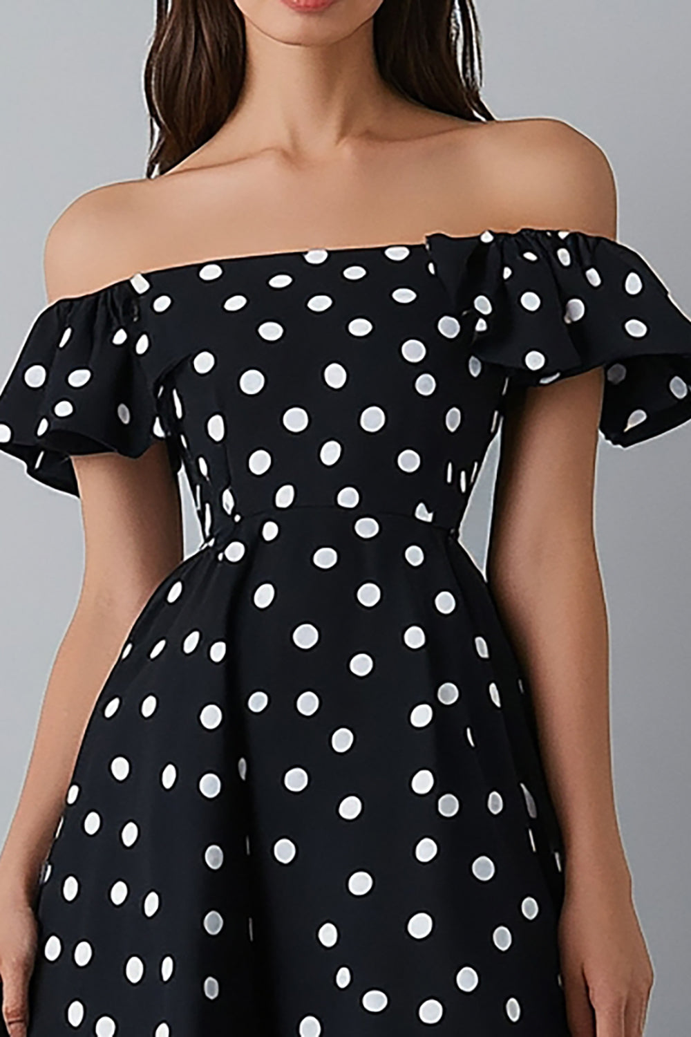 Off the Shoulder A Line Black and White Maxi Satin Polka Dot Dress