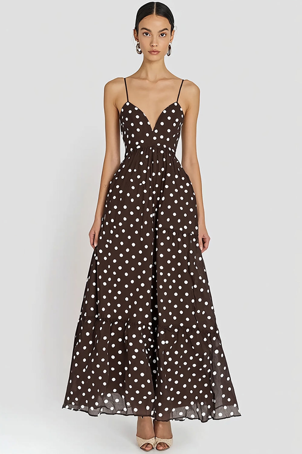 Chiffon Spaghetti Straps Coffee and White A Line Boho Maxi Polka Dot Dress