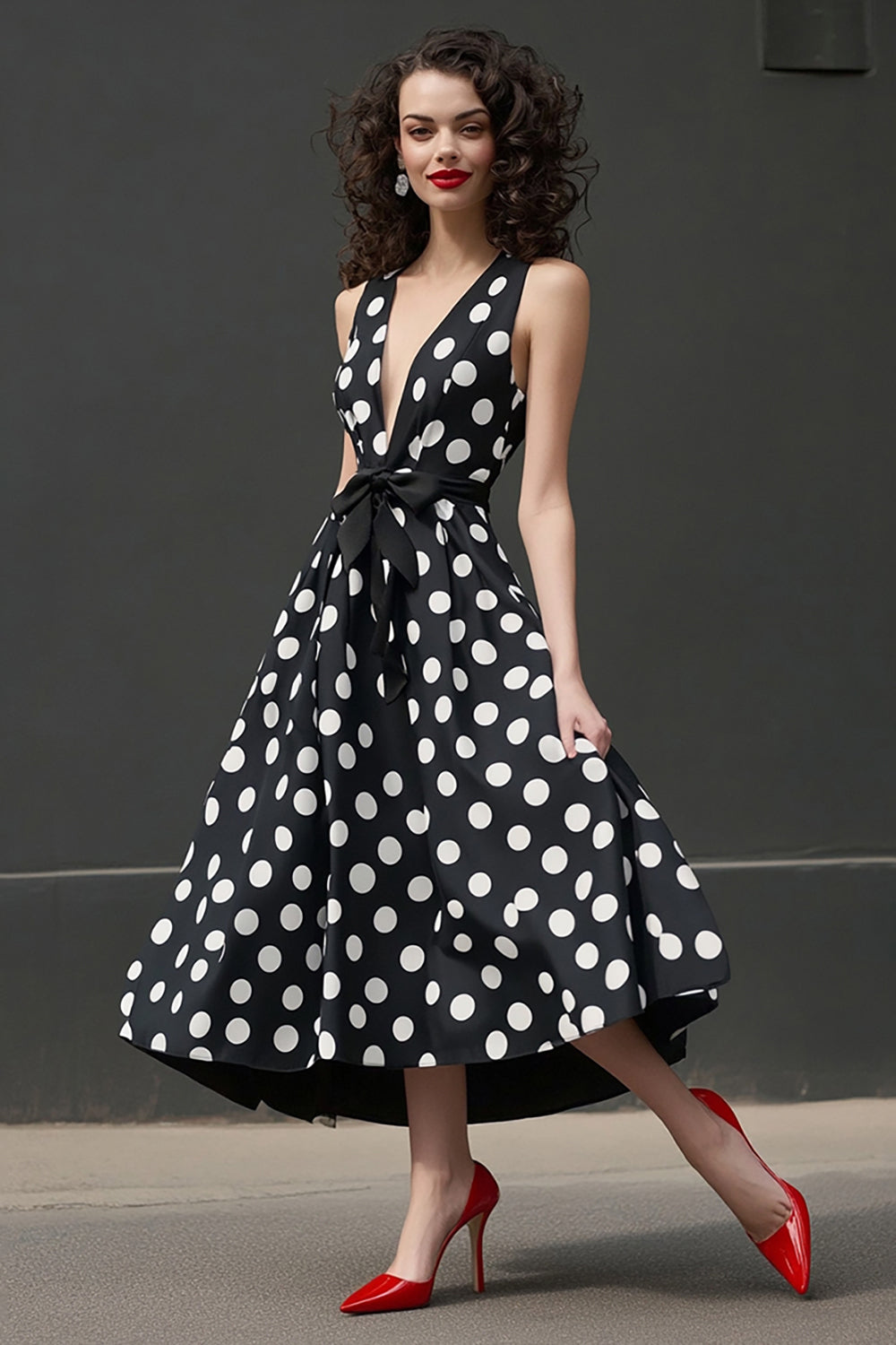 Deep V-Neck Black and White Maxi Satin A Line Polka Dot Dress with Bow
