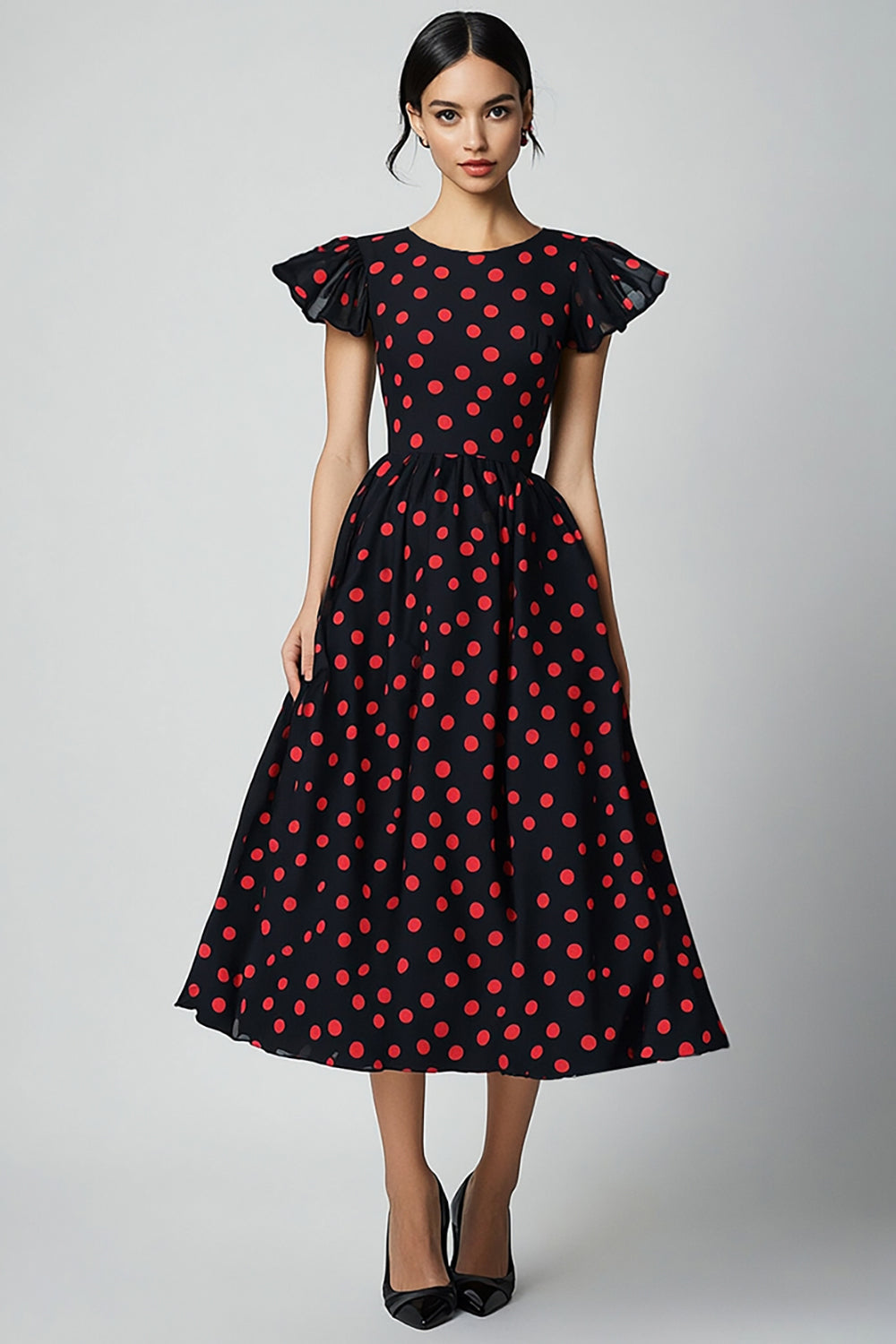 Black and Red A Line Satin Cap Sleeves Maxi Polka Dot Dress with Ruffles